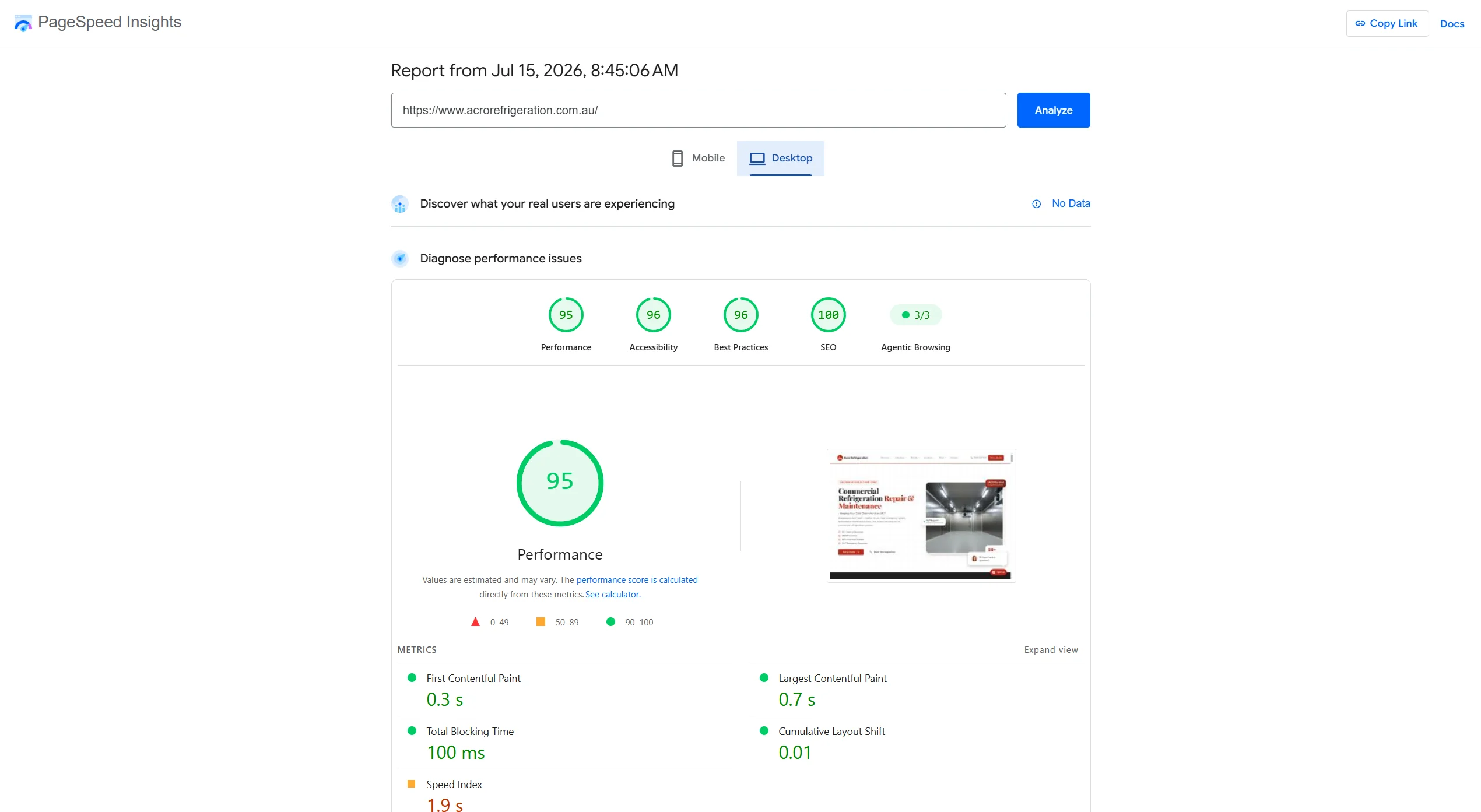 PageSpeed Insights for acrorefrigeration.com.au — Performance 95, Accessibility 96, Best Practices 96, SEO 100, Agentic Browsing 3/3, FCP 0.3s, LCP 0.7s, CLS 0.01