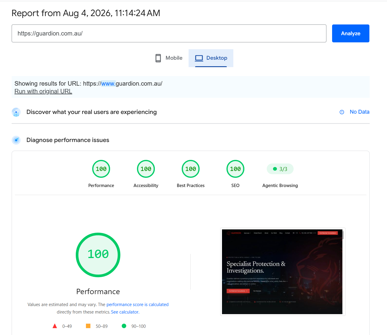 New Guardion website performance assessment — Performance: 100, Accessibility: 100, Best Practices: 100, SEO: 100