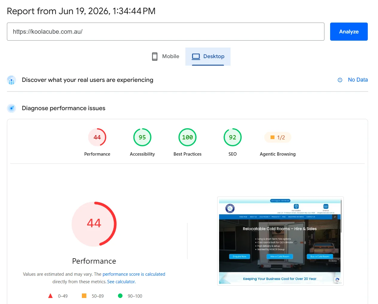 Old Koolacube website PageSpeed — Performance 44, Accessibility 95, Best Practices 100, SEO 92