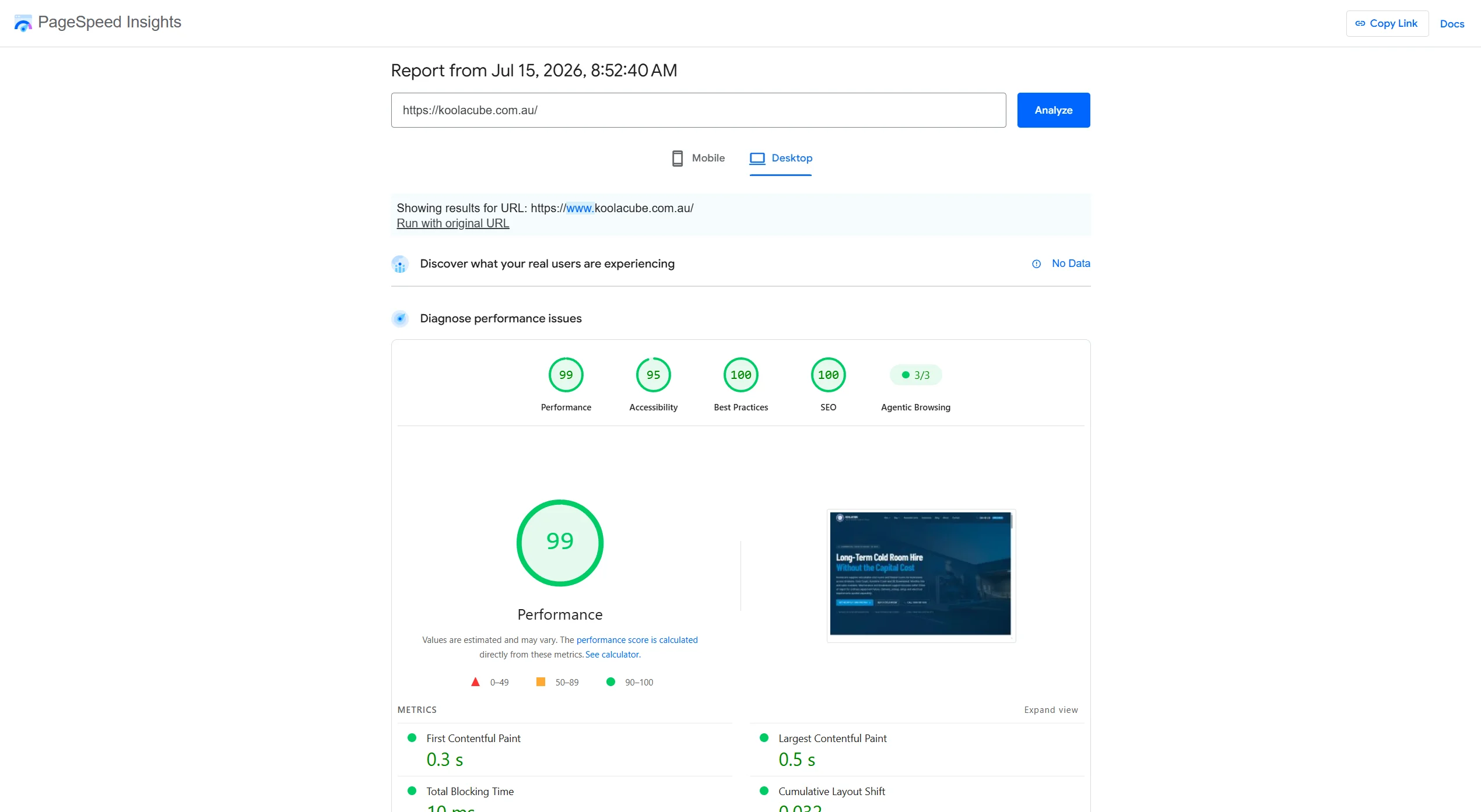 Rebuilt Koolacube website PageSpeed — Performance 99, Accessibility 95, Best Practices 100, SEO 100