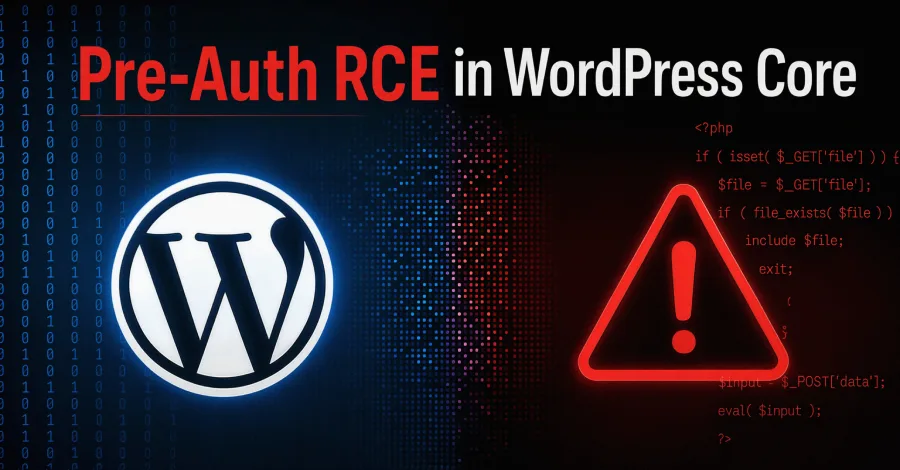 Pre-Auth RCE in WordPress Core — the wp2shell vulnerability, illustrated with the WordPress logo, a red warning symbol, and vulnerable PHP code.
